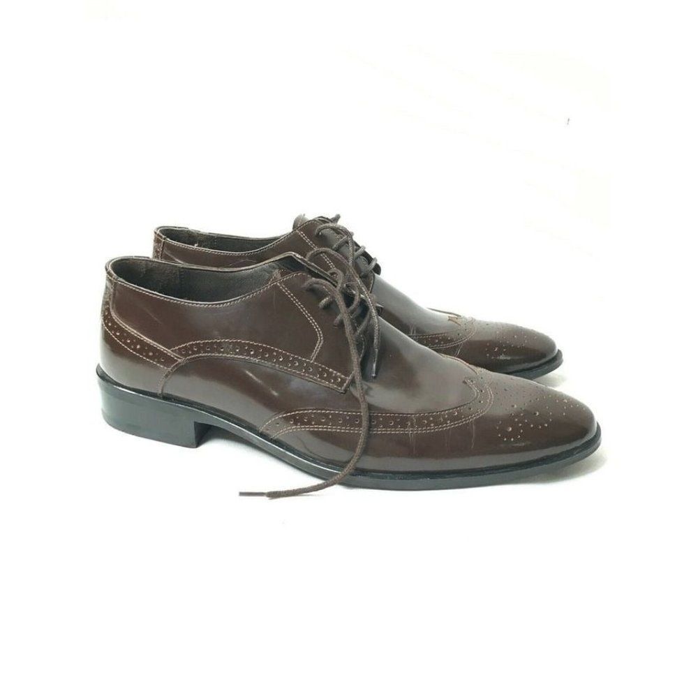 TACHAR Mens Patent Brown Oxford Brogue Loafer Dress Shoes VGC EU43 US10